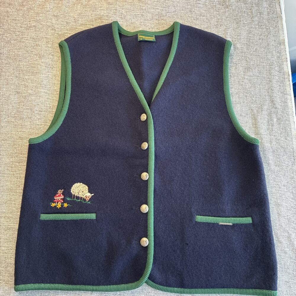 VTG Geiger Women's Sz48 Pure New Wool Sweater Vest Farmers Mushrooms Embroidered - Picture 1 of 16